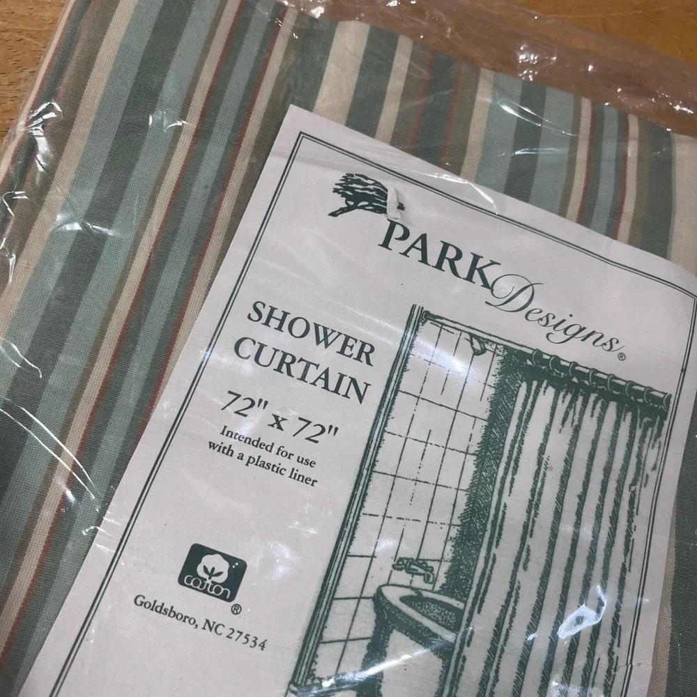 Park Designs Sea Breeze Striped Cotton Shower Curtain 72x72 Green Cream Coastal